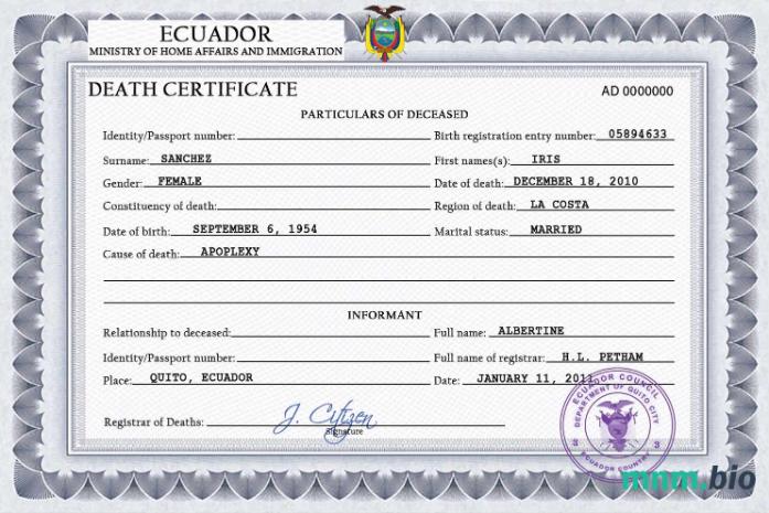 Ecuador rekord życiowy śmierć certyfikat PSD szablon